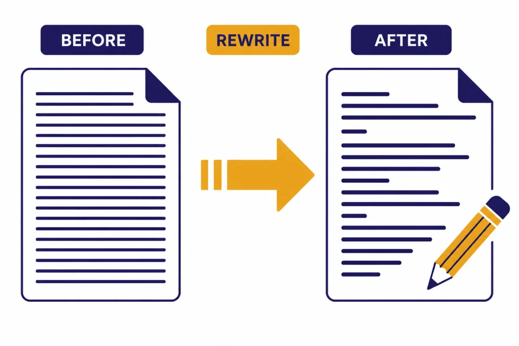 Before-and-after editing board labeled BEFORE, REWRITE, and AFTER with varied line lengths on the final document.