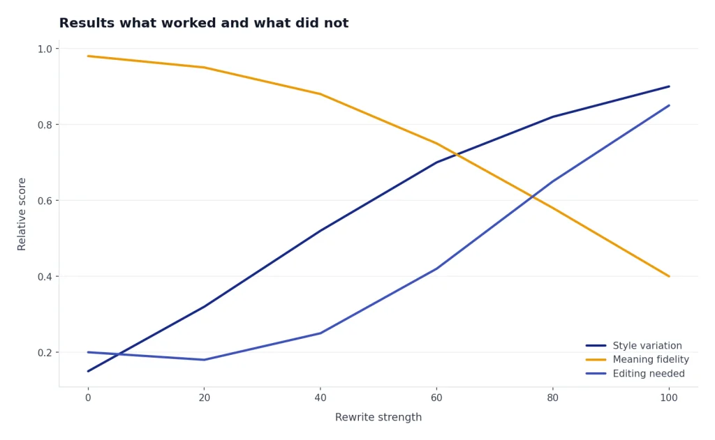 Conceptual chart showing that stronger rewriting can increase style variation while also increasing risk of meaning drift and editing work.