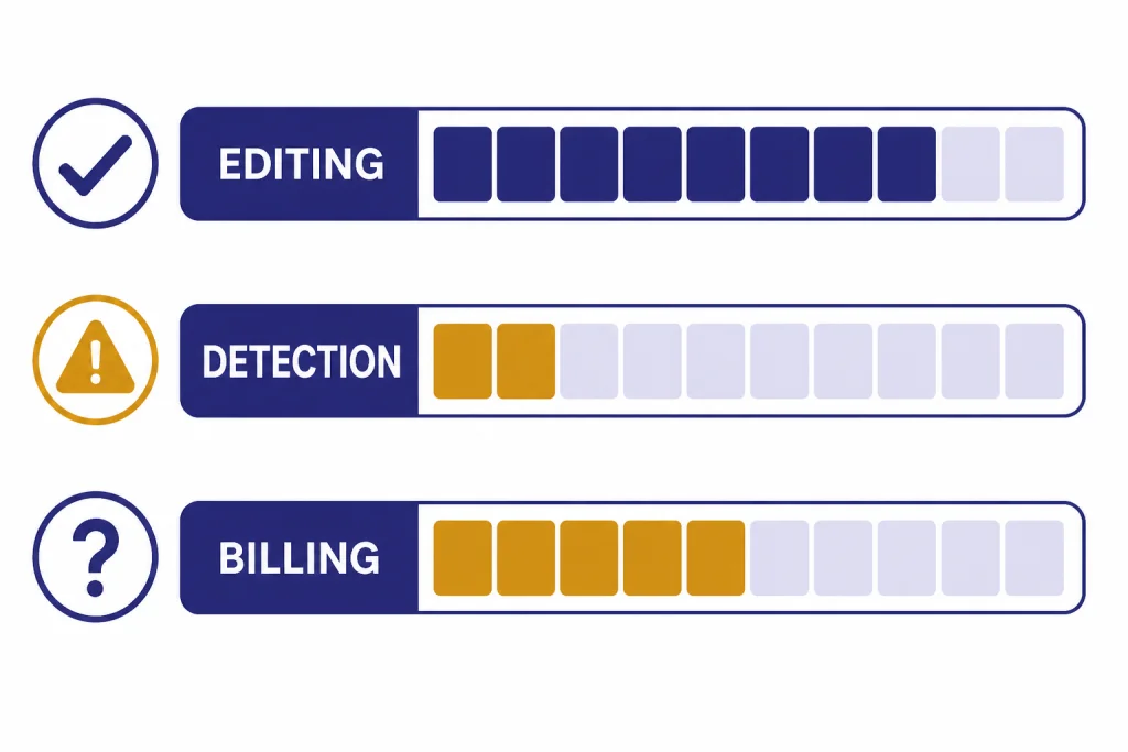Verdict dashboard with bars labeled EDITING, DETECTION, and BILLING beside check, warning, and question icons.