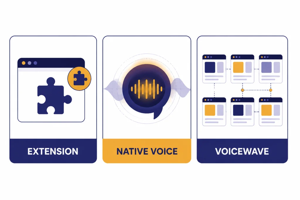 Three alternative cards labeled EXTENSION, NATIVE VOICE, and VOICEWAVE with simple tool icons.