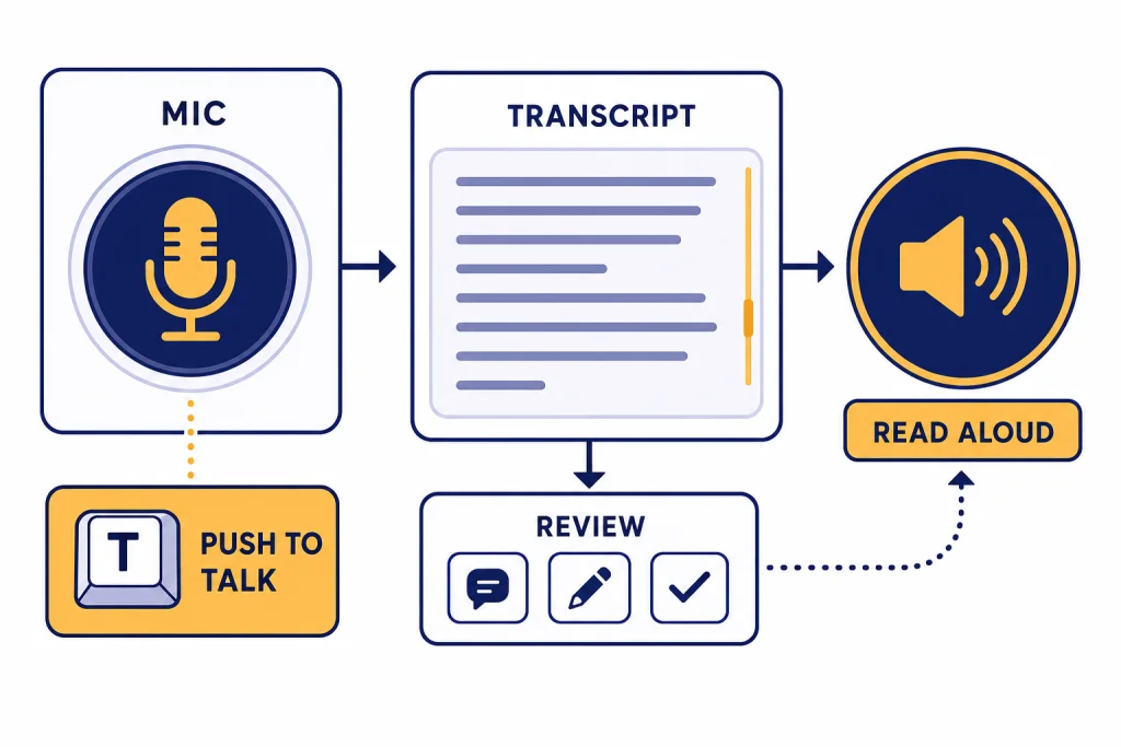 Voice Control Workflow Desktop voice workflow with labels MIC, PUSH TO TALK, TRANSCRIPT, READ ALOUD, and REVIEW.