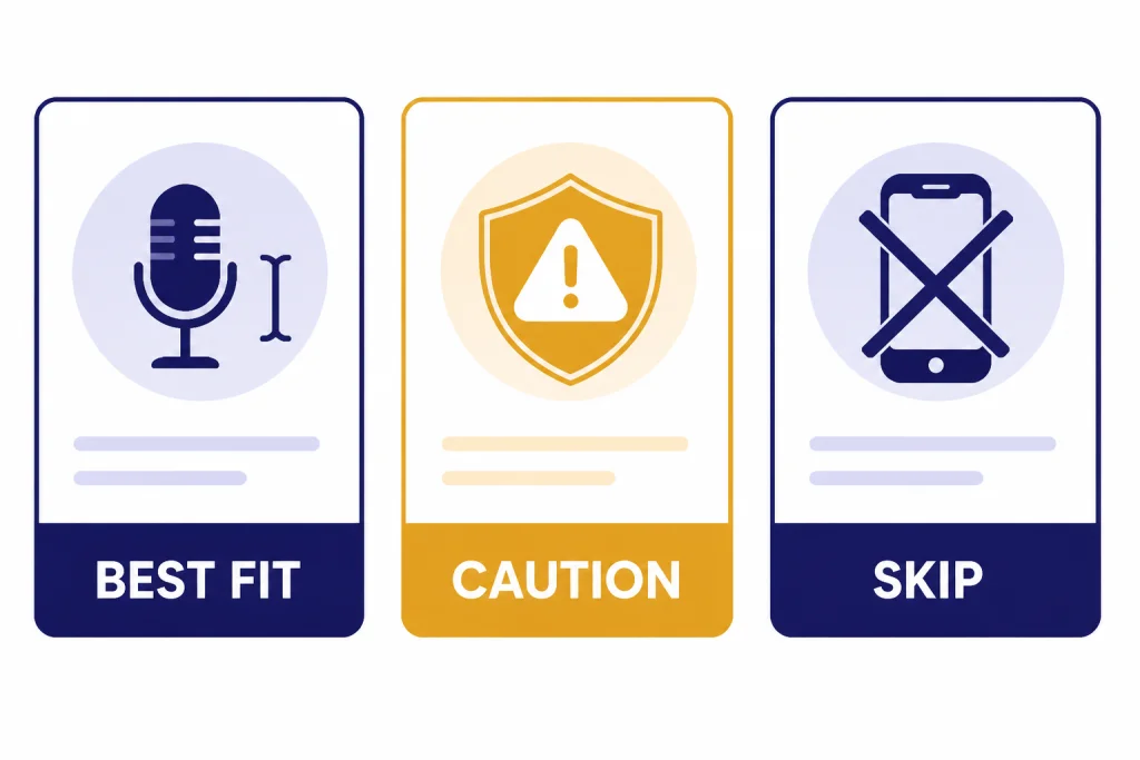 Three review cards labeled BEST FIT, CAUTION, and SKIP with microphone, shield, and crossed phone icons.
