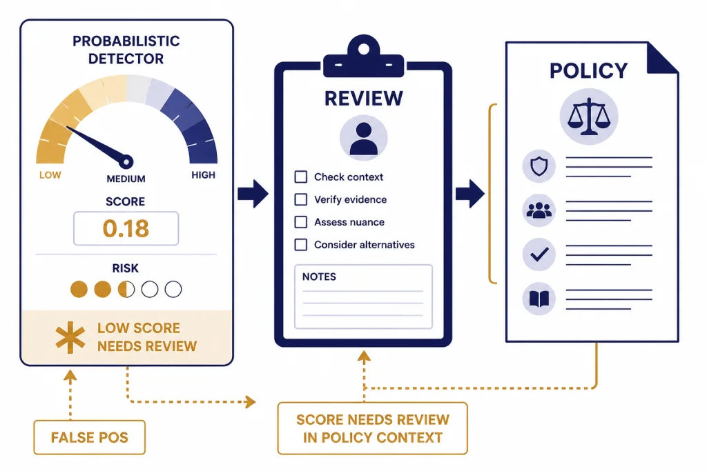 Detector gauge labeled SCORE and RISK beside REVIEW, POLICY, and FALSE POS markers.