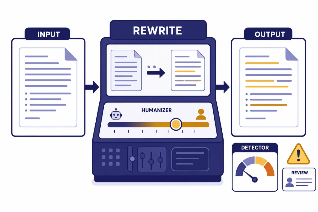 Walter Writes Review Workflow Rewrite console labeled INPUT, REWRITE, OUTPUT, DETECTOR, and REVIEW with a warning triangle.