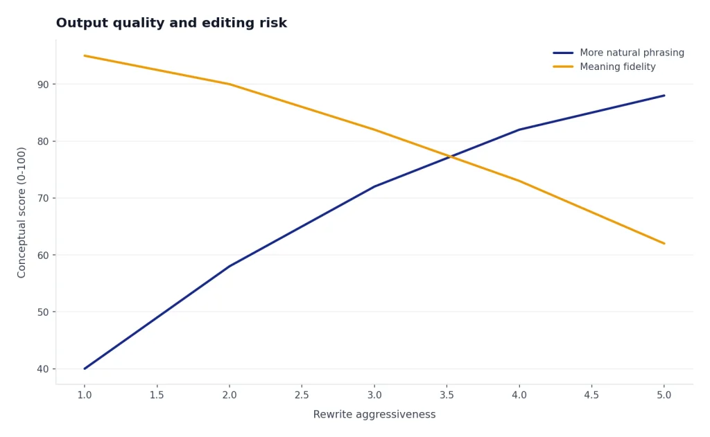 Conceptual line chart showing naturalness increasing while meaning fidelity may decline as rewrite aggressiveness increases.