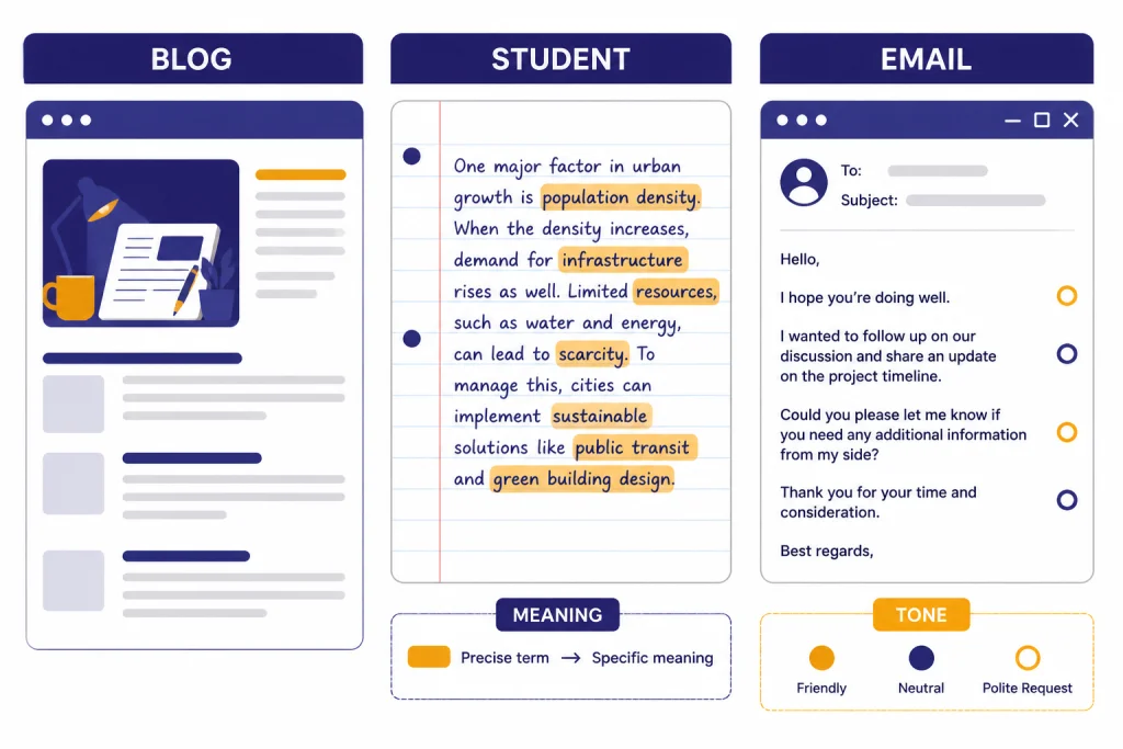 Three test panels labeled BLOG, STUDENT, and EMAIL with MEANING and TONE markers.