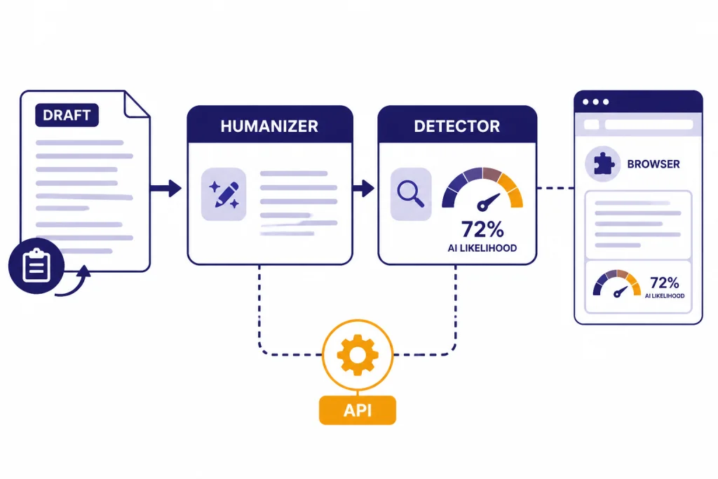 Workflow with DRAFT feeding HUMANIZER and DETECTOR, plus BROWSER and API panels.