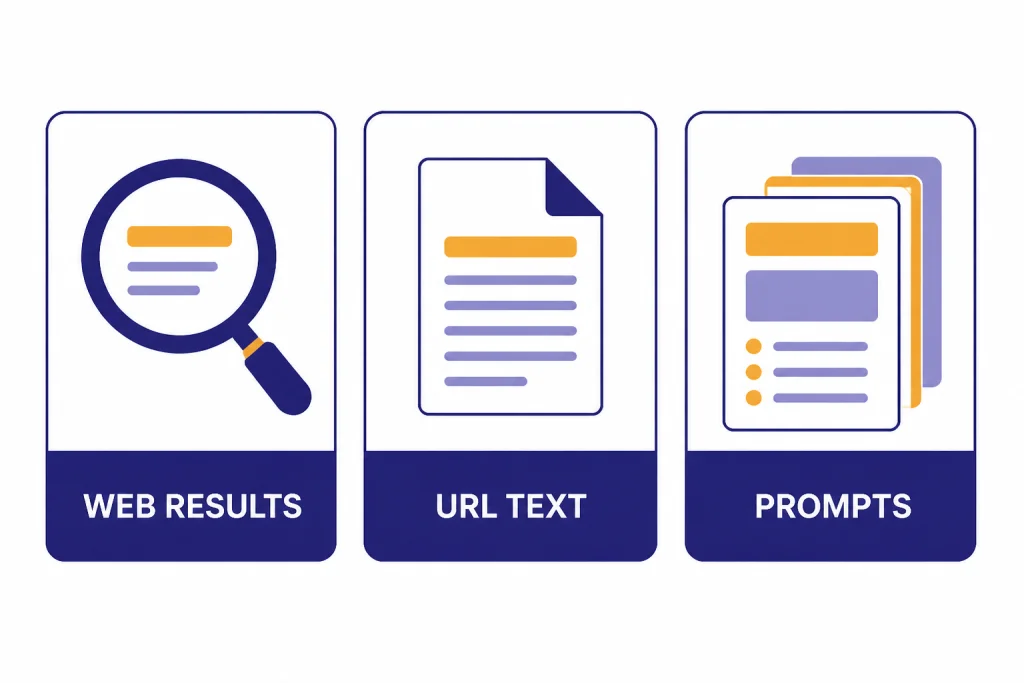 Three feature cards labeled WEB RESULTS, URL TEXT, and PROMPTS with matching icons.