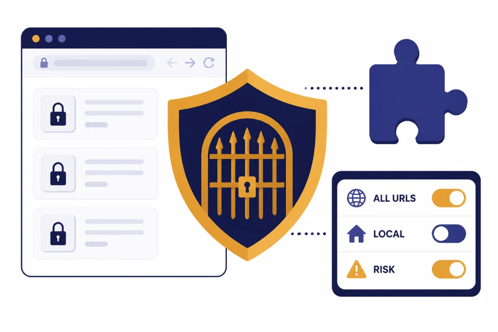 Permission gate with browser, shield, extension piece, and labels ALL URLS, LOCAL, and RISK.