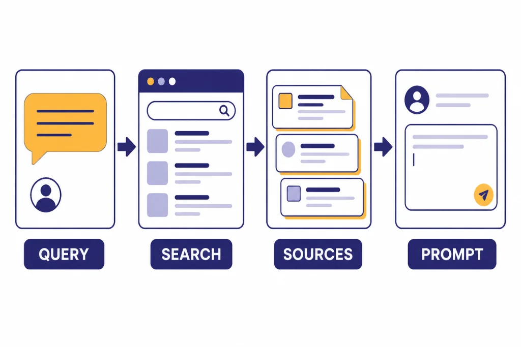 Four-step flow labeled QUERY, SEARCH, SOURCES, and PROMPT showing web results entering a prompt.