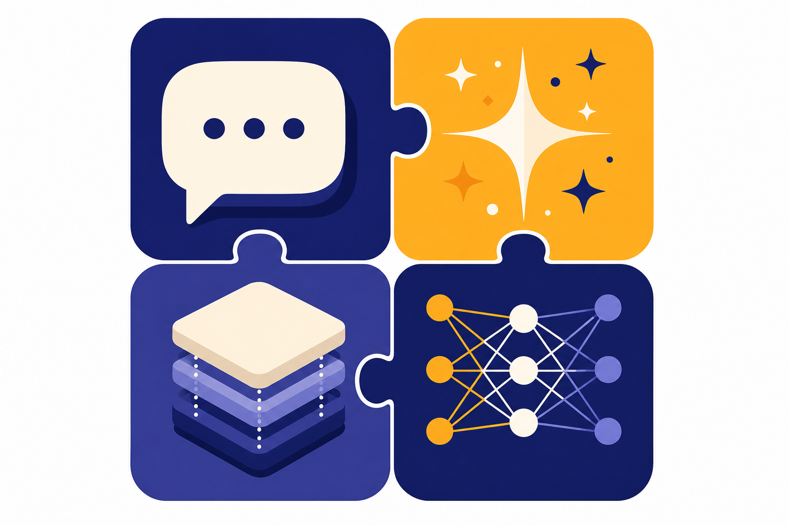 Four interlocking tiles: speech bubble, sparkle, training stack, and attention network.