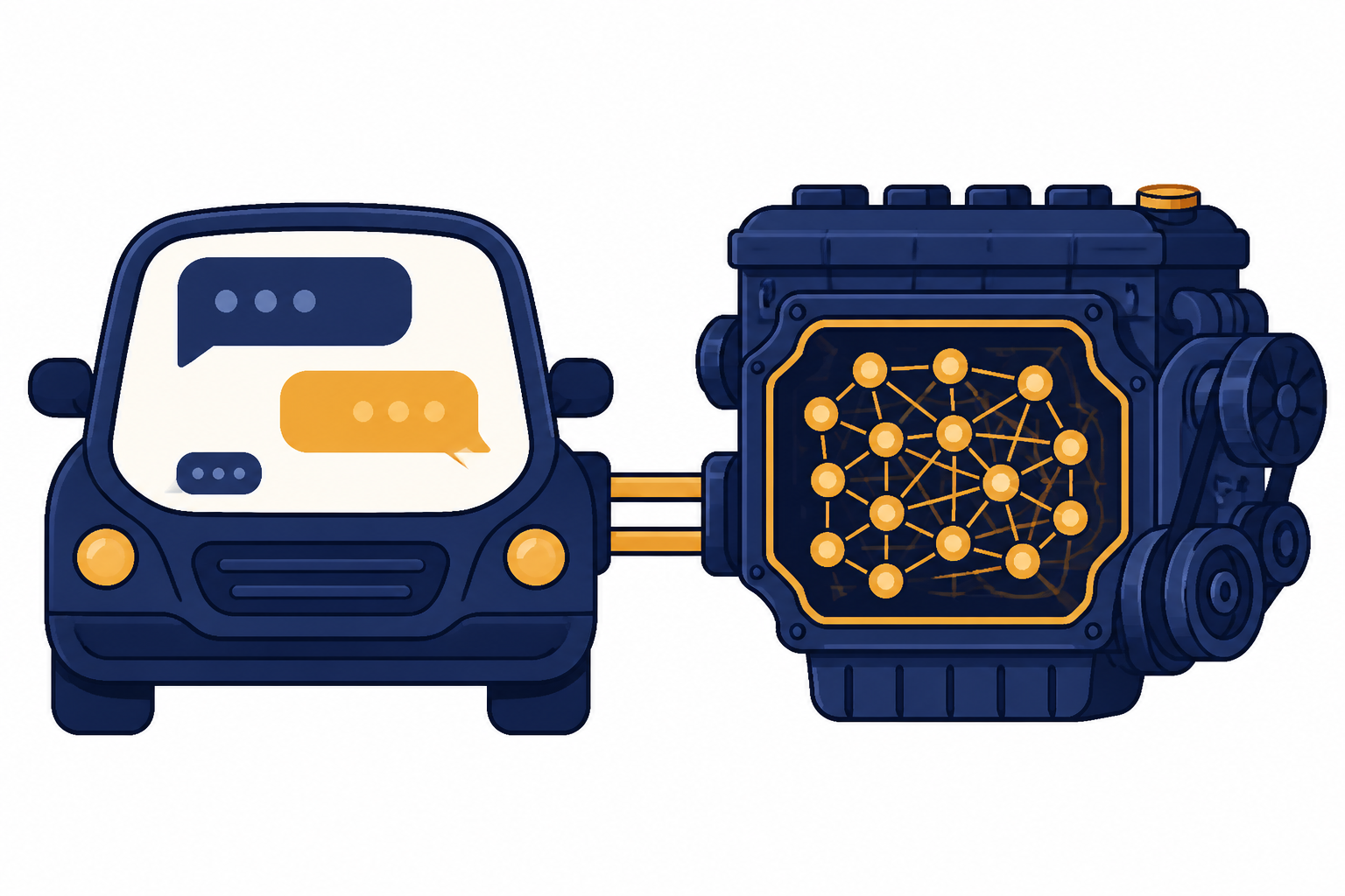 Product And Model Comparison Side-by-side diagram with a chat vehicle on the left and a neural engine block on the right.
