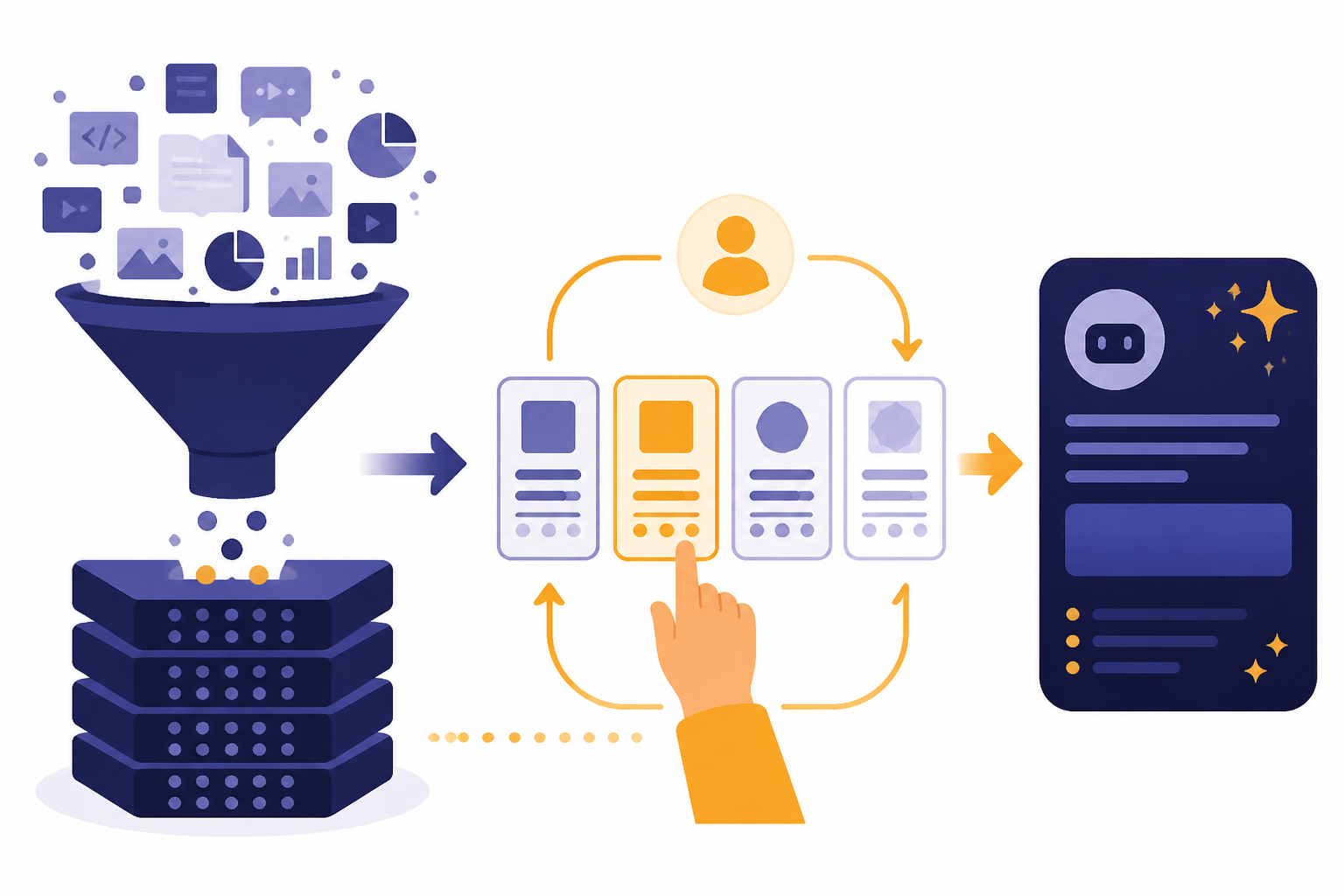 Two-stage pipeline with data funnel, model layers, human ranking cards, and assistant panel.