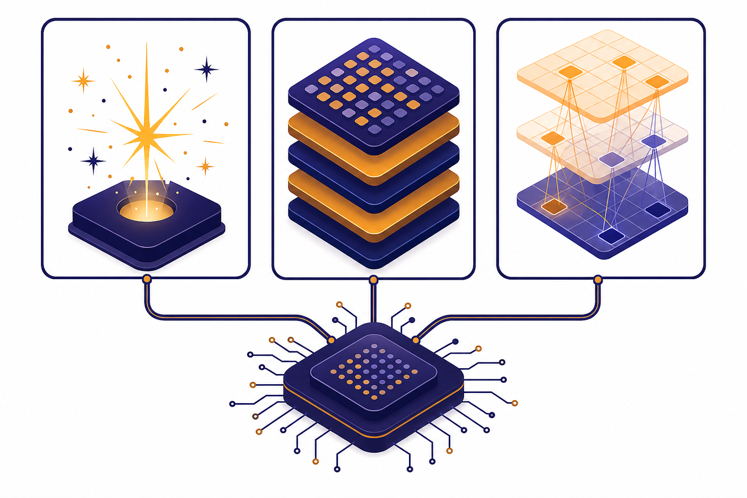 Three connected concept cards feed into a central language model chip.
