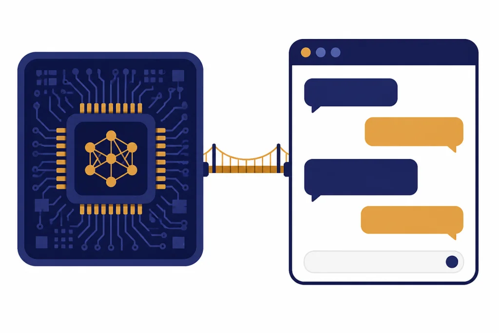 GPT Versus ChatGPT Two-column diagram with a model chip connected to a chat window with message bubbles.