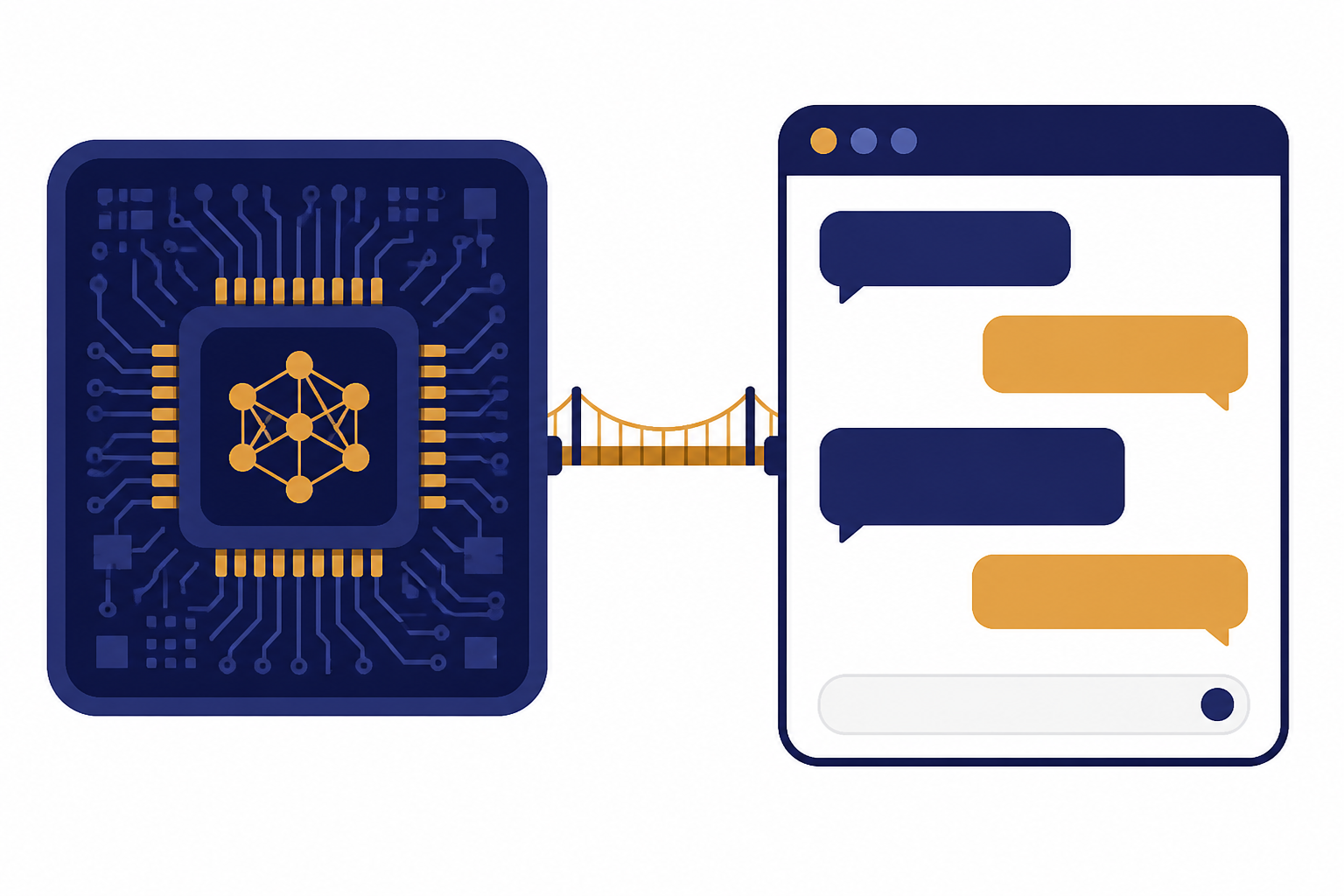 Two-column diagram with a model chip connected to a chat window with message bubbles.