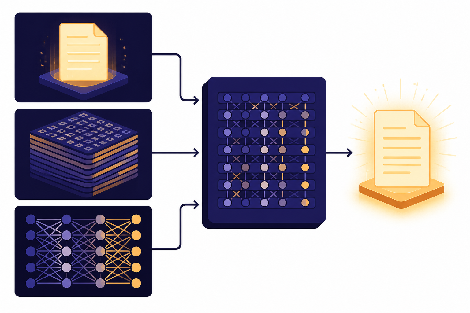 GPT Meaning Cards Three stacked cards show an output sheet, data stack, and attention lattice feeding a model block.