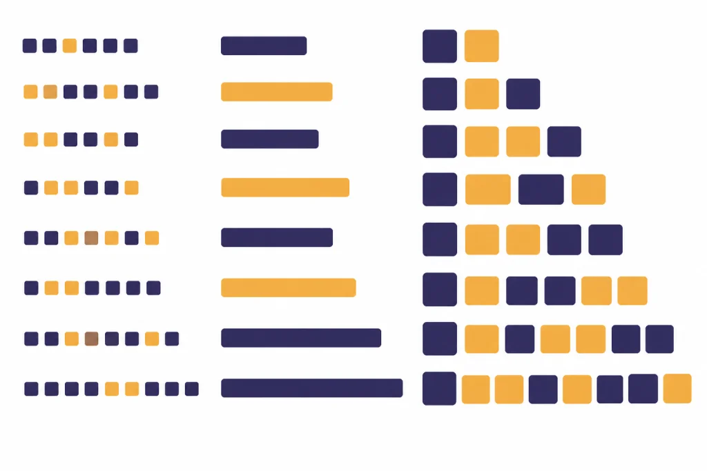 Three comparison columns show character squares, word blocks, and larger token tiles.