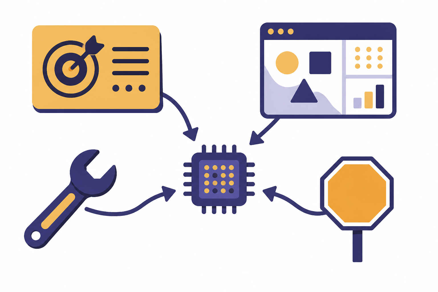 Agent Definition Parts Goal card, environment window, tool handle, and stop sign shape connected to a model chip.