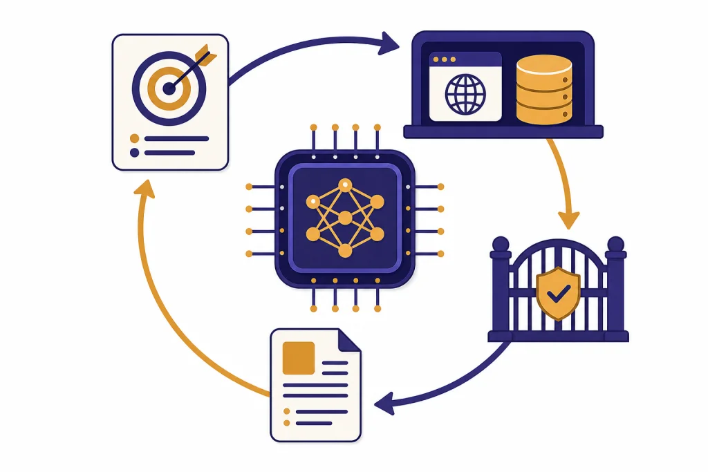 AI Agent Control Loop Central chip connected in a loop to goal, tools, permission gate, and result document icons.
