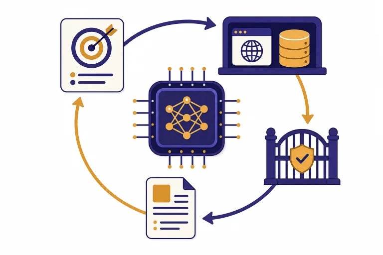 Central chip connected in a loop to goal, tools, permission gate, and result document icons.