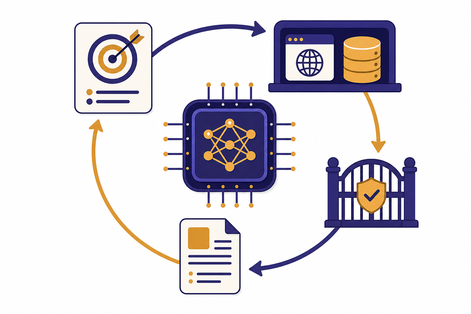 Central chip connected in a loop to goal, tools, permission gate, and result document icons.