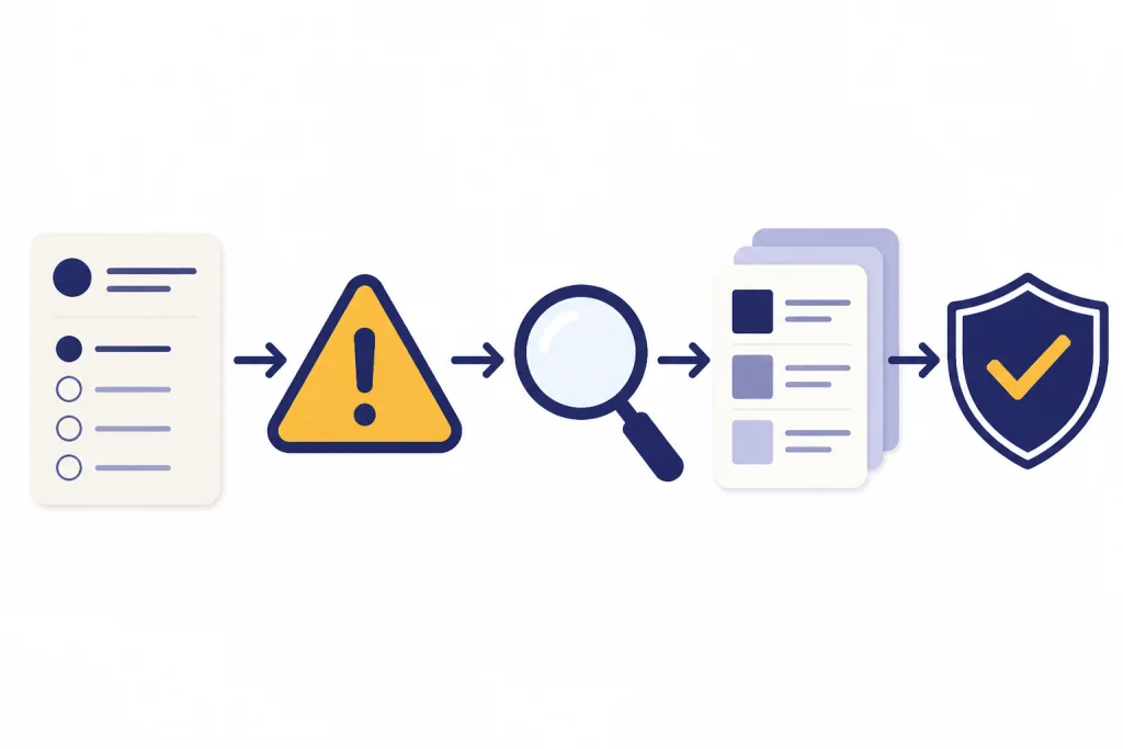 Answer card passes through warning triangle, magnifying glass, source cards, and checkmark shield.