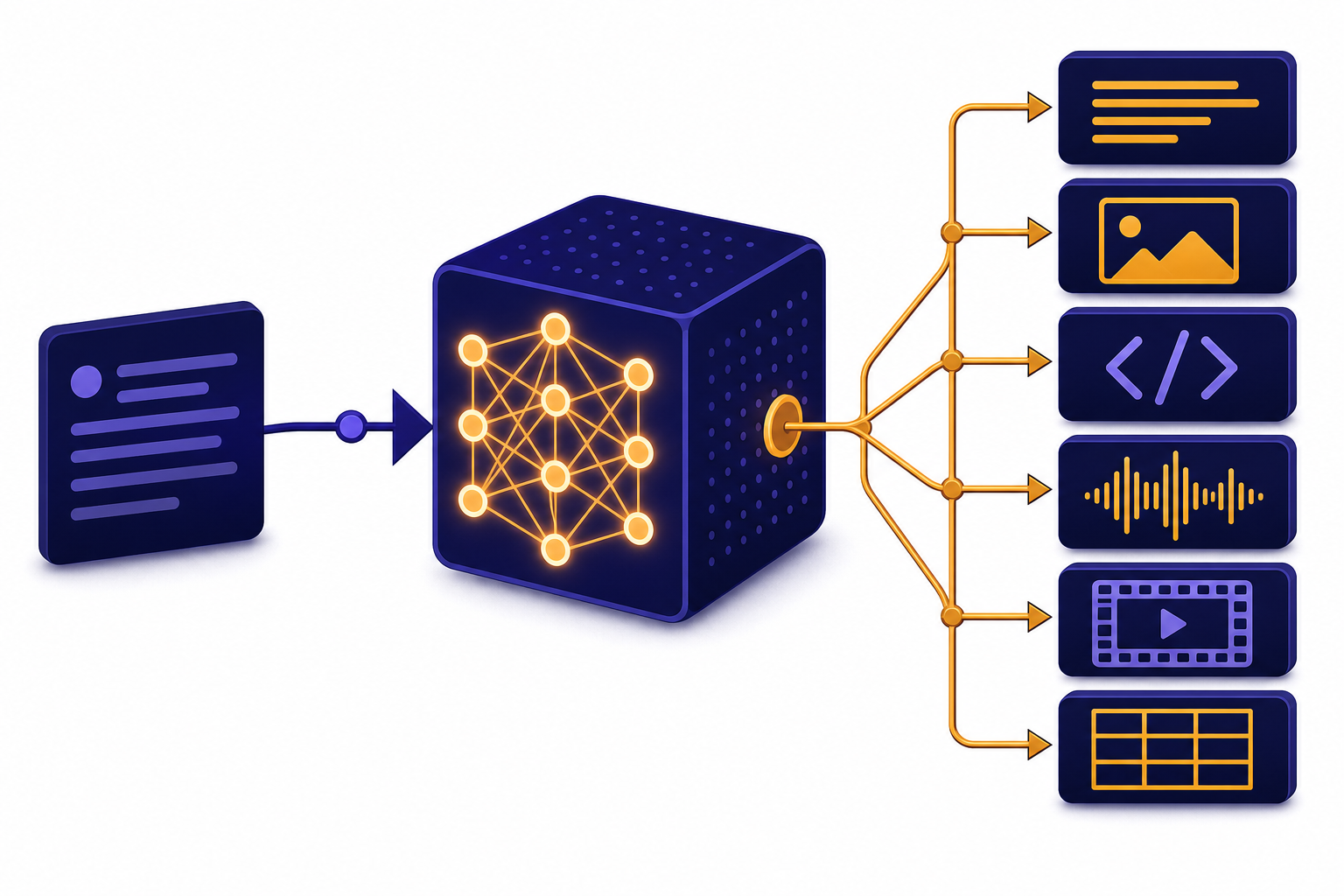 Prompt card feeds a neural cube that branches into six output tiles for text, image, code, audio, video, and table.