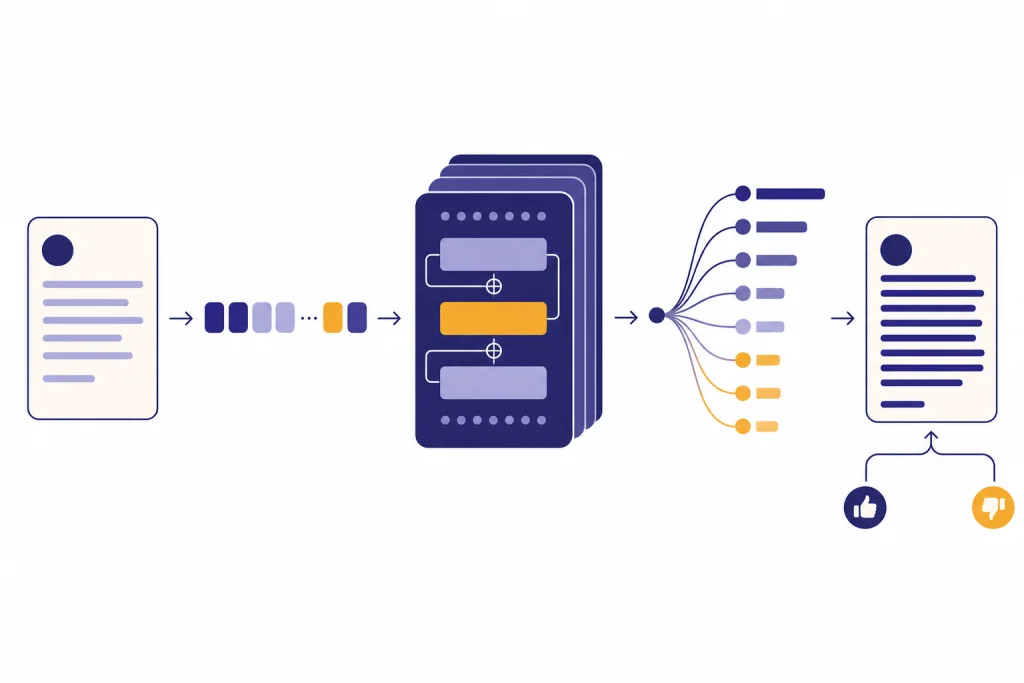 GPT Token Pipeline Five-stage GPT pipeline with token chips, transformer stack, probability fan, response card, and feedback loop.