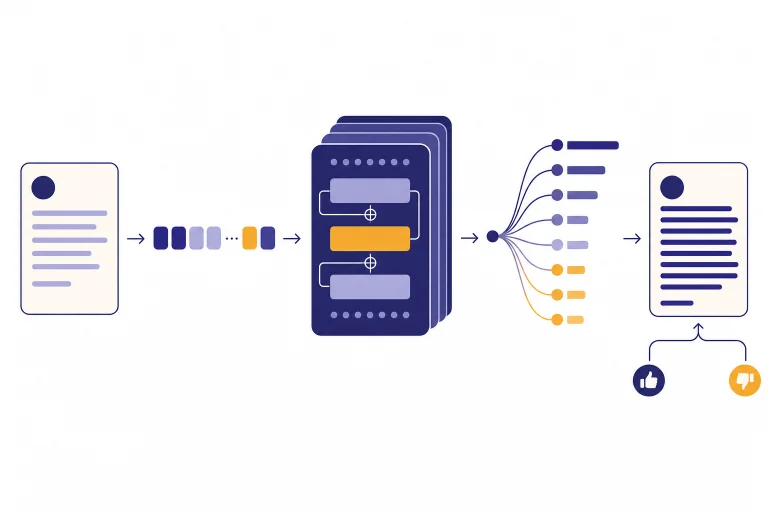 Five-stage GPT pipeline with token chips, transformer stack, probability fan, response card, and feedback loop.