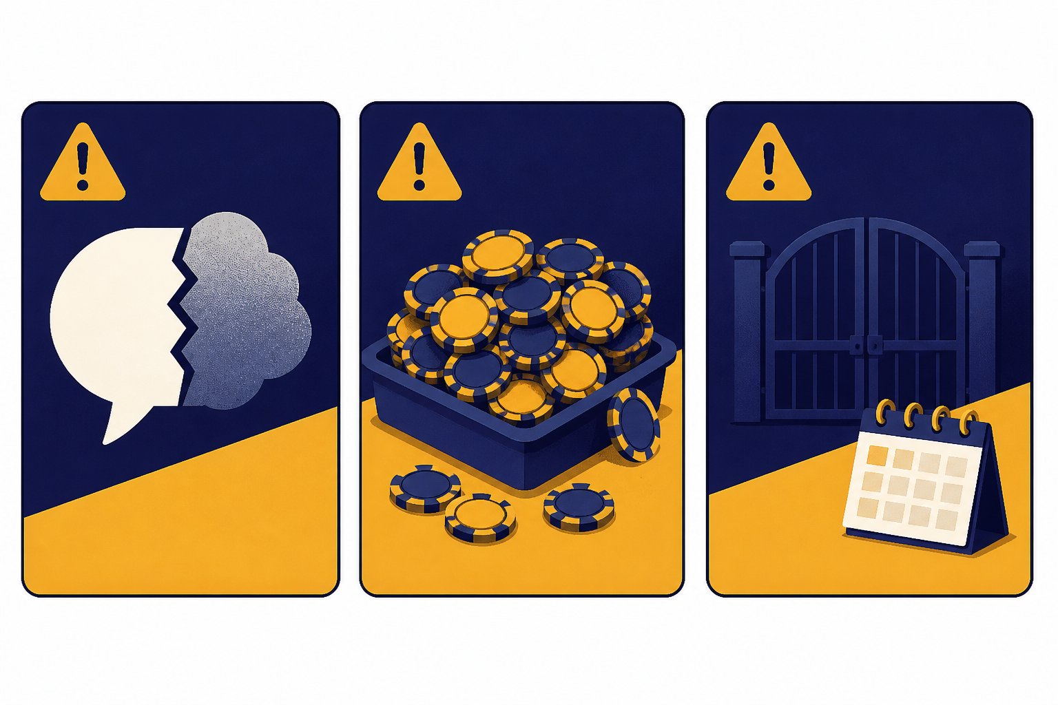 GPT Limit Cards Three GPT limit cards: false-answer cloud, overflowing token tray, and closed update gate with calendar icon.