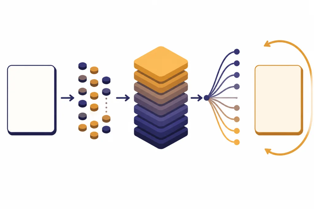 Token To Answer Pipeline Token-to-answer pipeline with prompt card, token chips, transformer tower, probability fan, and response card.