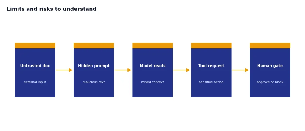 Process with stages Untrusted doc, Hidden prompt, Model reads, Tool request, Human gate for prompt-injection risk.