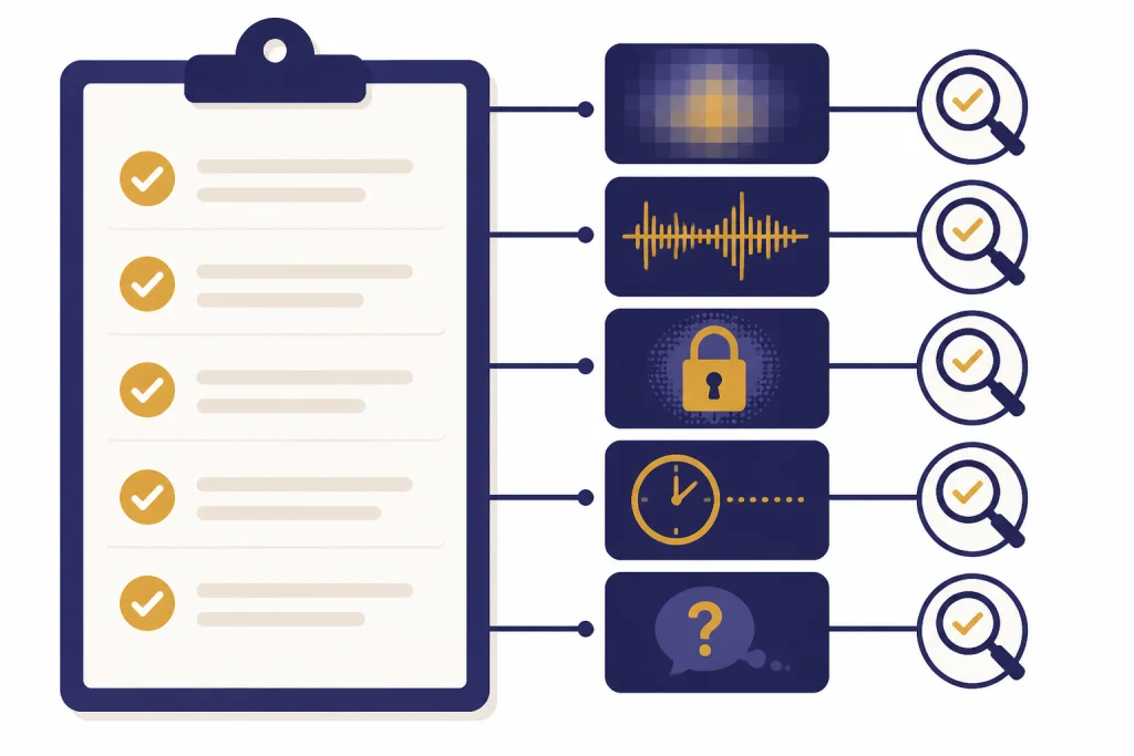 Safety checklist with blurred image, noisy waveform, lock, clock, and uncertain answer cards.