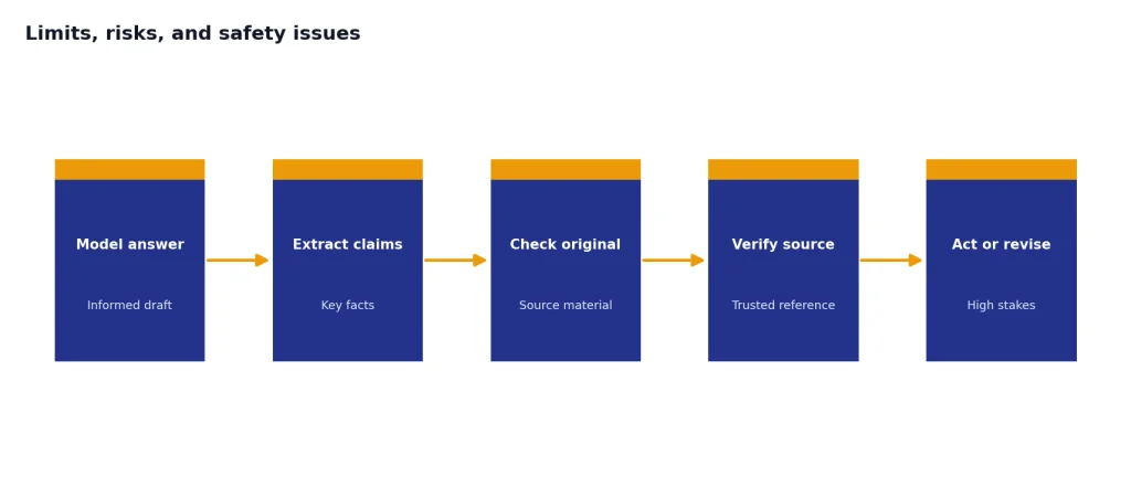 Limits, Risks, And Safety Issues Five-step process: Model answer, Extract claims, Check original, Verify source, Act or revise.