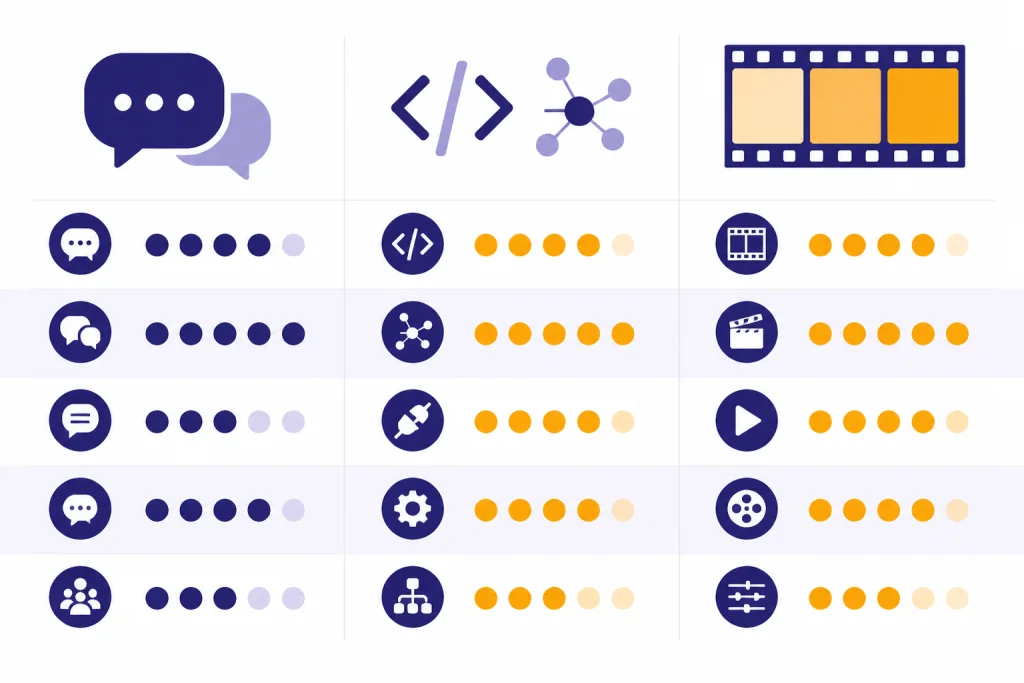 Three product columns show chat bubbles, API code nodes, and film frames.
