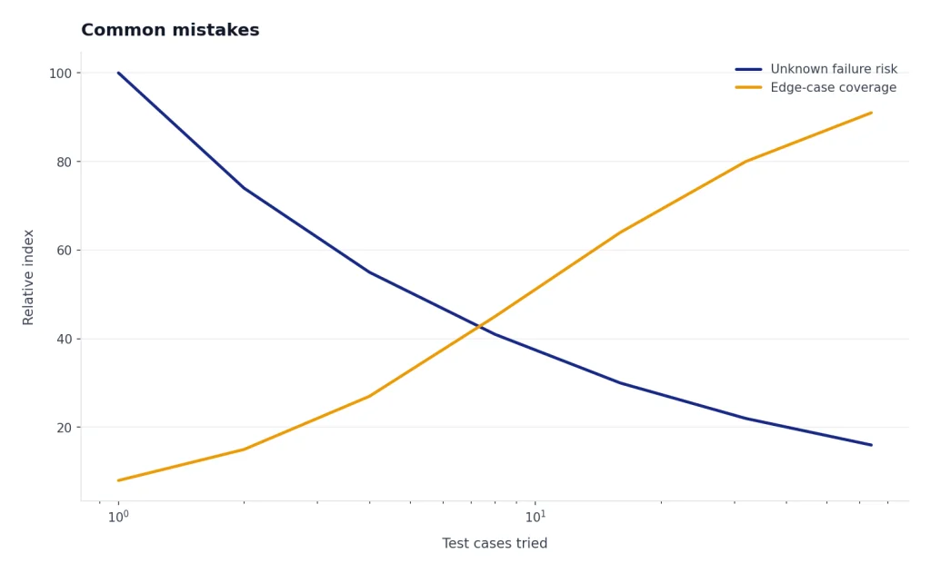 Line chart: Unknown failure risk drops 100 to 16 while Edge-case coverage rises 8 to 91 as tests double 1–64.