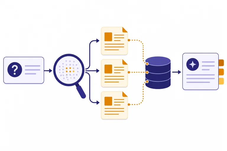 RAG pipeline with a question card, search lens, document chunks, vector database, and cited answer card.