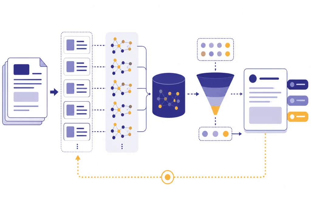 RAG System Components RAG components with source documents, chunk cards, embedding dots, vector index, ranker, and citations.