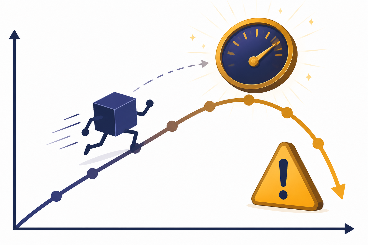 Reward Overoptimization Risk Reward score curve bends downward in quality while a model cube chases a gauge.