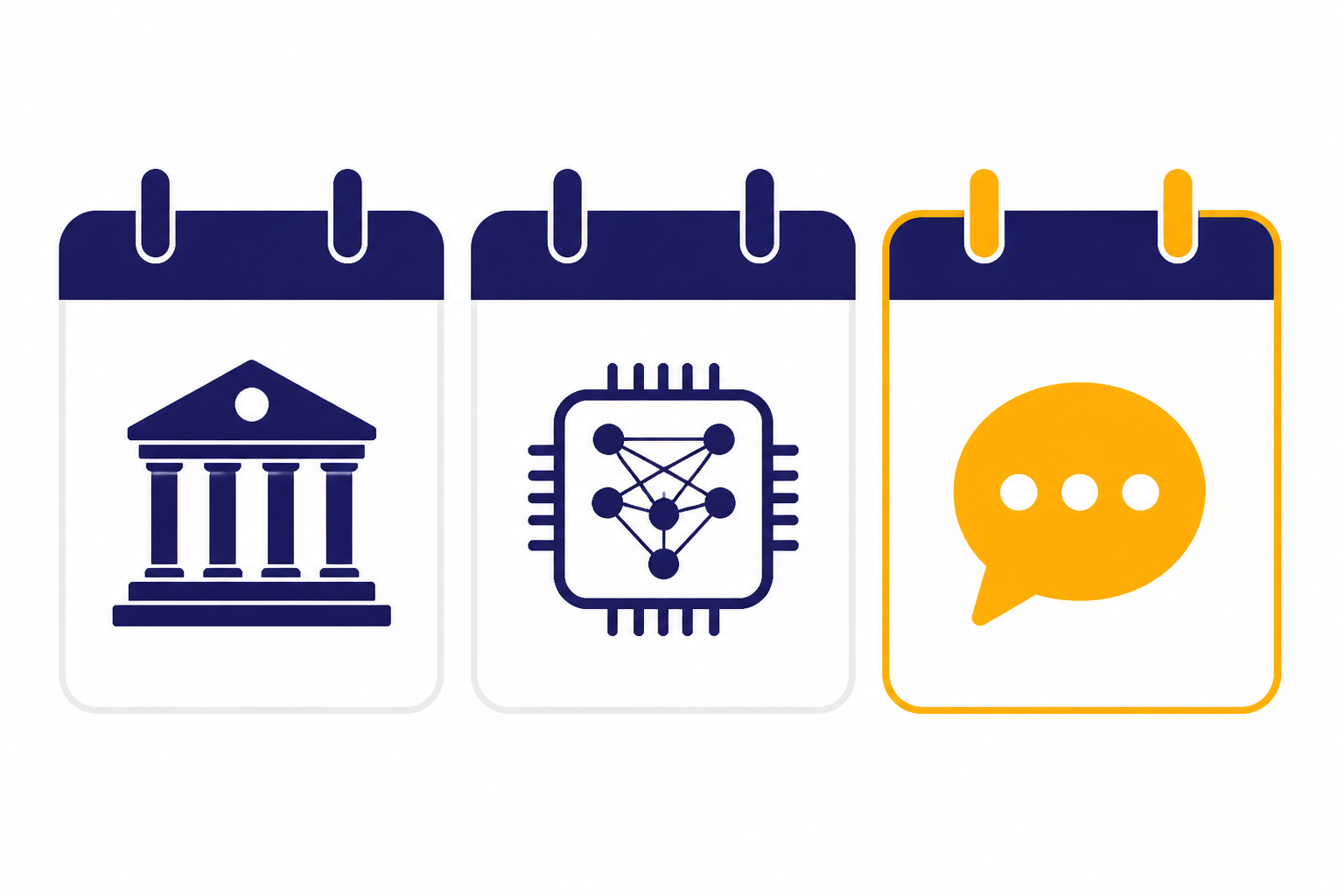 Three calendar cards with institution, neural chip, and highlighted chat bubble icons.