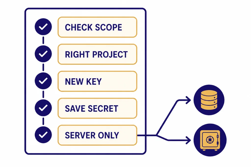 API Key Checklist Flow Vertical checklist with labels CHECK SCOPE, RIGHT PROJECT, NEW KEY, SAVE SECRET, and SERVER ONLY