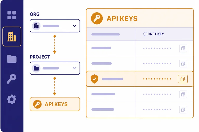 Dashboard diagram with ORG, PROJECT, API KEYS, and SECRET KEY labels, showing where the key page sits