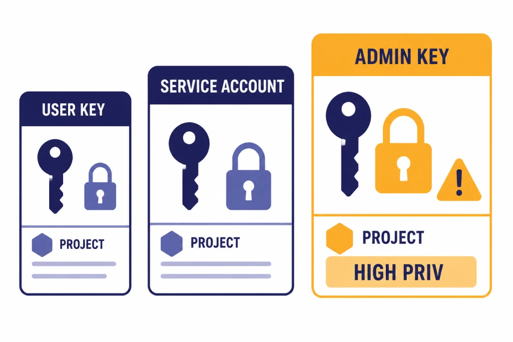 OpenAI Key Types Compared Three credential cards labeled USER KEY, SERVICE ACCOUNT, and ADMIN KEY, with PROJECT and HIGH PRIV markers