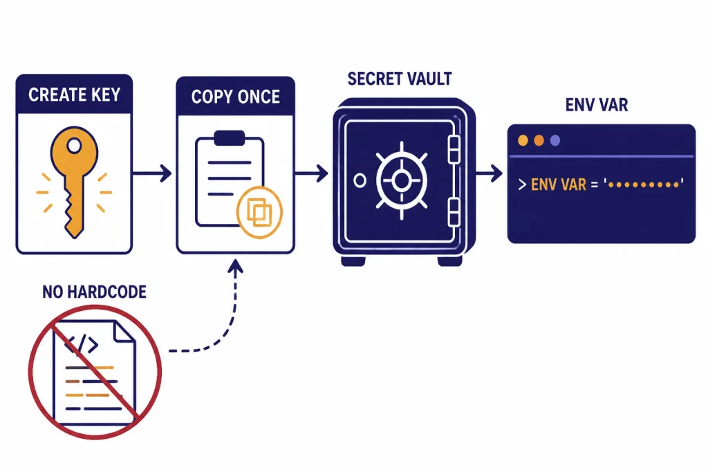 Flow from CREATE KEY to COPY ONCE, SECRET VAULT, and ENV VAR, with NO HARDCODE warning