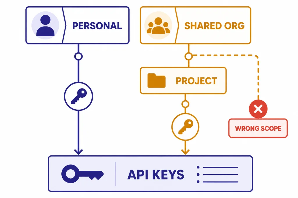 Decision diagram with PERSONAL and SHARED ORG paths leading to PROJECT and API KEYS, plus a WRONG SCOPE marker