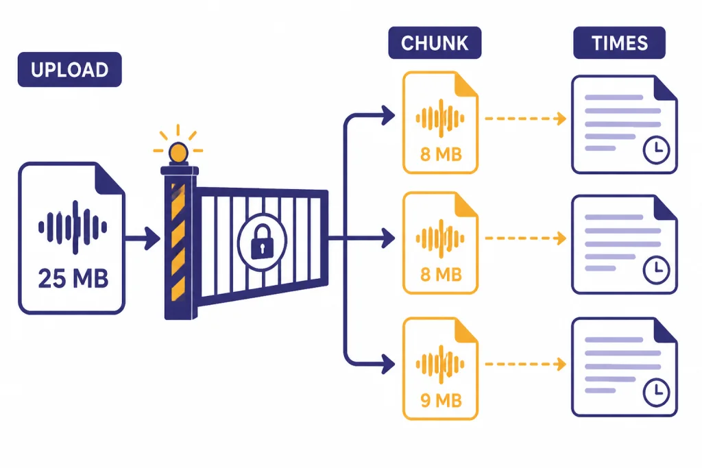 Whisper API File Limit API upload diagram with a 25 MB gate, split audio chunks, and transcript tiles labeled TIMES.