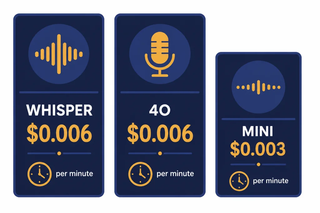 Three pricing cards labeled WHISPER $0.006, 4O $0.006, and MINI $0.003 with minute clocks.