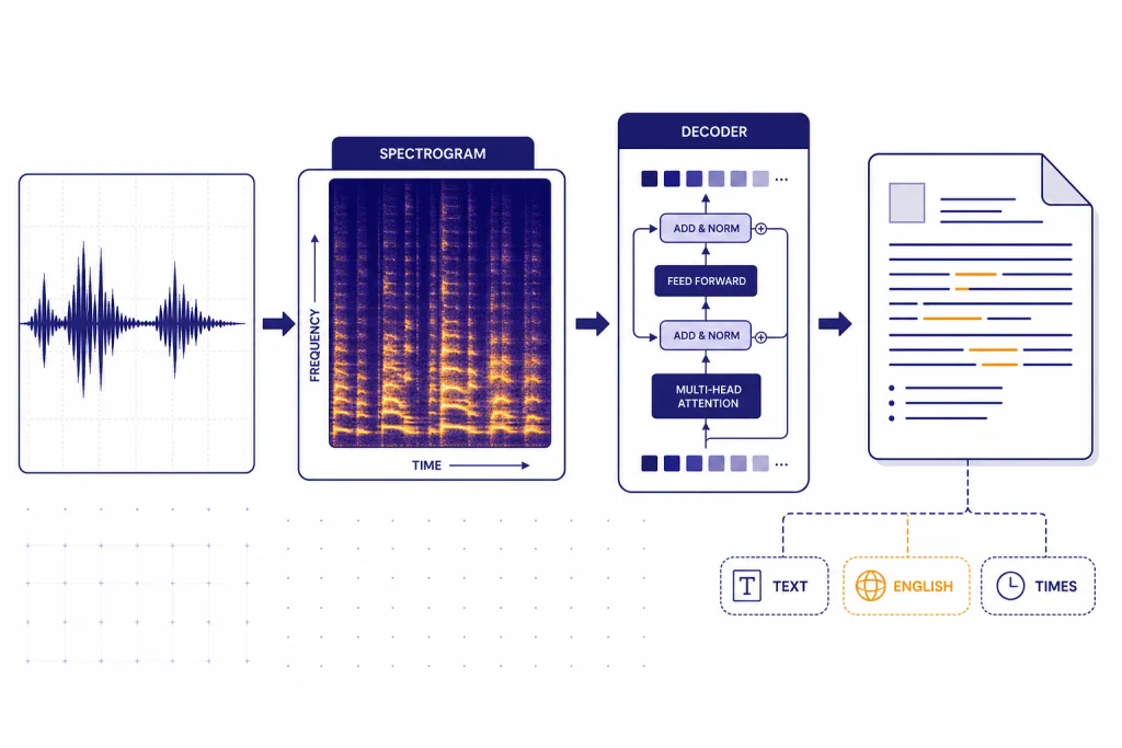 Whisper Transcription Pipeline Audio waveform flows through spectrogram and decoder blocks to outputs labeled TEXT, ENGLISH, and TIMES.
