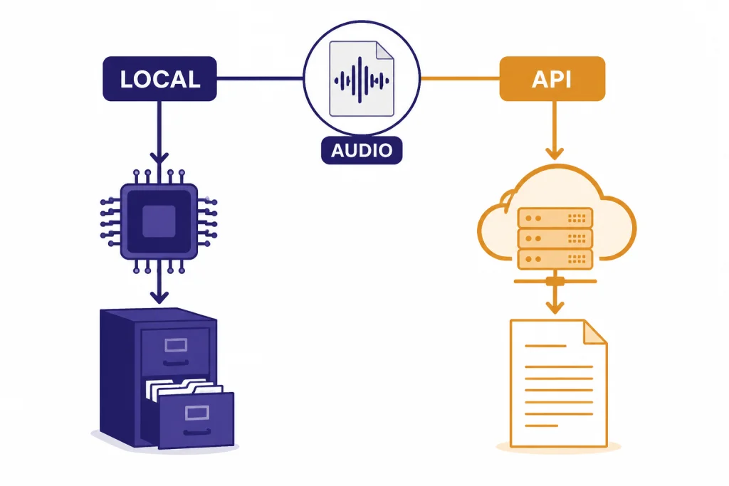 Local And API Whisper Audio file splits into LOCAL and API paths, each ending in a transcript document.